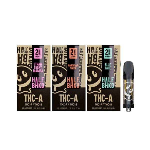 Three Half Bak'd THC-A Cartridges | 2g labeled "Strawberry Mamba," "Hawaiian Snow," and "Blue Face" from the brand Half Bak'd are displayed next to a single vape cartridge, ready for use with 510 vape batteries.