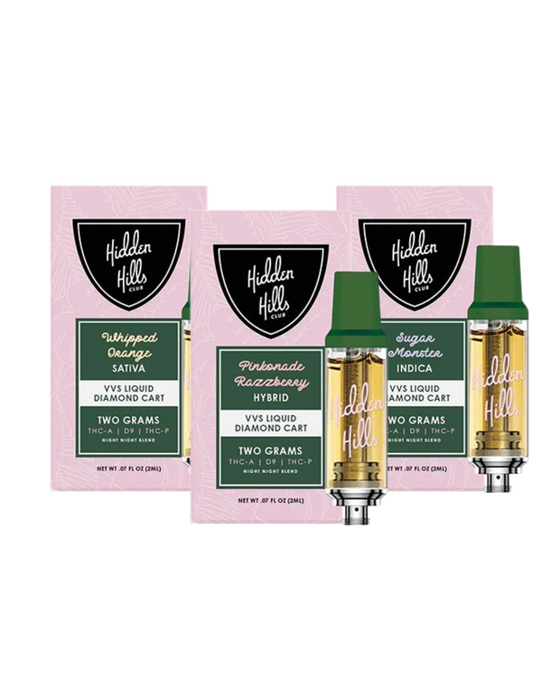 Three Hidden Hills Liquid Diamond Cartridges | 2g in different strains: Whipped Orange (Sativa), Pinknado Raezzberry (Hybrid), and Sugar Monster (Indica). Each contains two grams of Hidden Hills Liquid Diamonds, boasting THC-A and Delta 9 for a premium experience.