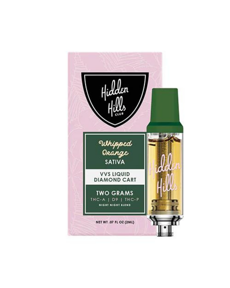 Vape cartridge labeled "Hidden Hills" next to a pink box stating: Whipped Orange, Sativa, Hidden Hills Liquid Diamond Cartridge | 2g, THC-A | Delta 9 | THC-P, two grams, night/night blend, 0.7 fl oz (2mL).