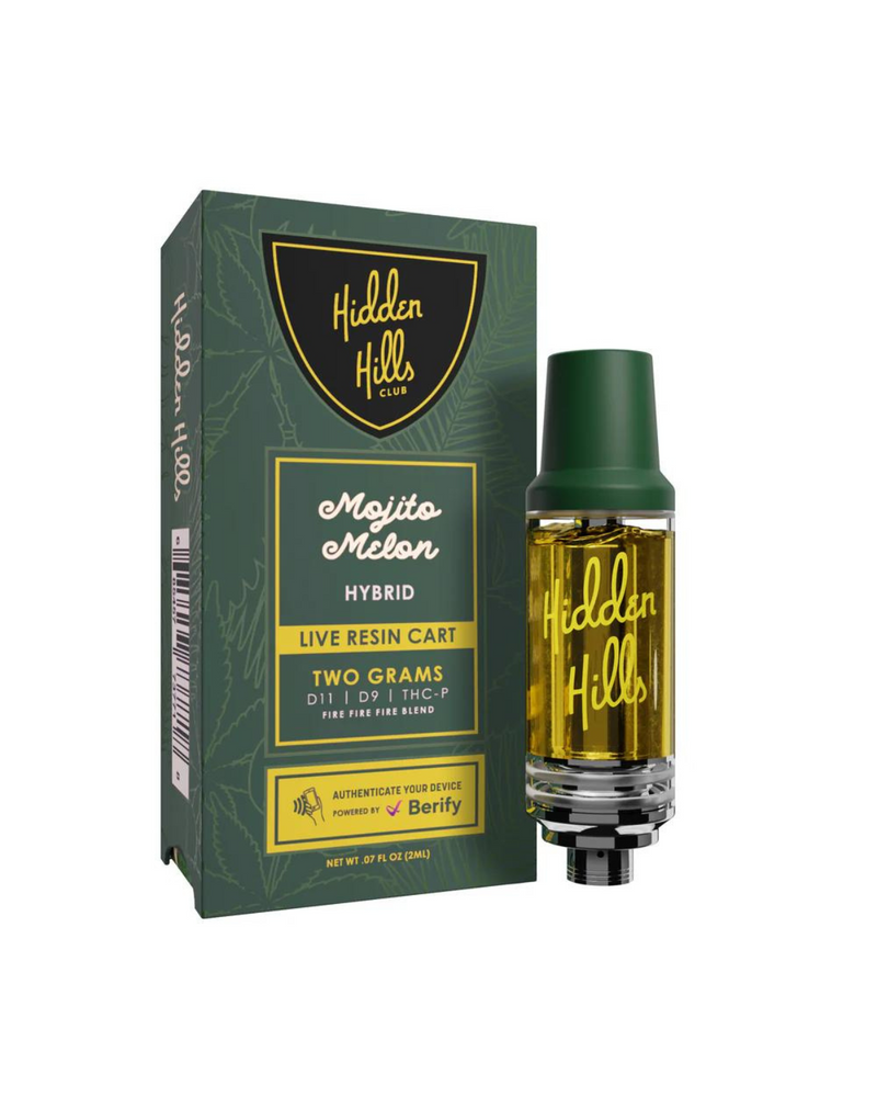 Image of a Hidden Hills Live Resin Cartridge | 2g box next to the vape cartridge. The box features Hidden Hills branding and product details, emphasizing it contains two grams of hybrid live resin, making it a premium choice for Delta 11 enthusiasts.