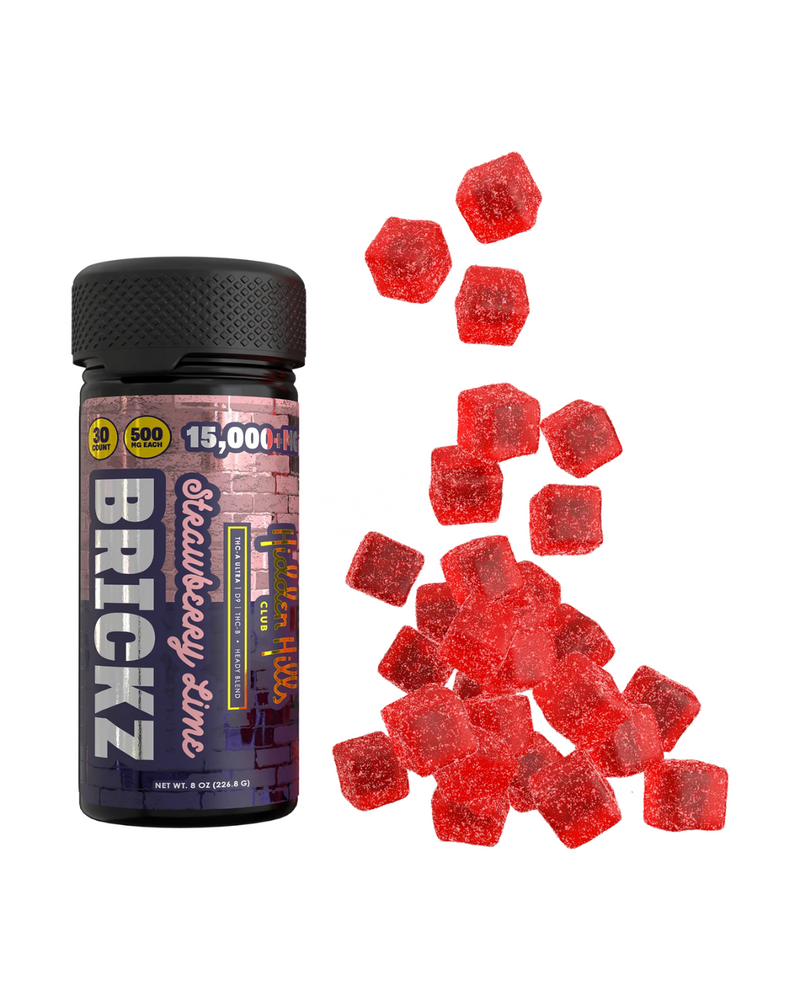 A bottle of Hidden Hills Heady Blend Brickz Gummies | 15000mg with red hexagon-shaped gummies scattered next to it. The label highlights 30 servings, 500mg CBD, and a total of 15,000mg hemp extract enriched with live resin for an elevated experience.