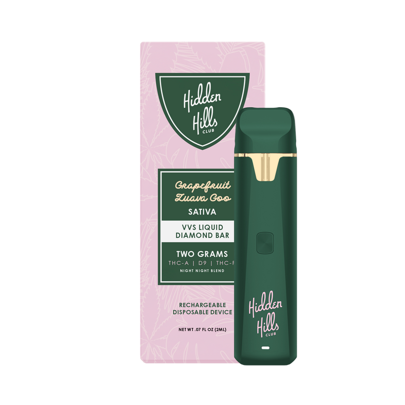 A Hidden Hills Liquid Diamond Bar | 2g disposable vape device labeled "Grapefruit Haze Goo Sativa" with a green body next to its pink packaging. The packaging notes Delta 9, THC-A, D9, THC-F, and two grams of liquid.