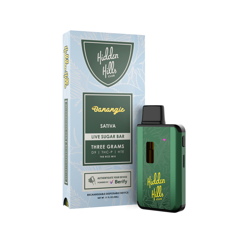 A green and black rectangular vape device labeled "Hidden Hills," known for its high-potency vaping capabilities, is displayed next to its packaging. The package reads "Hidden Hills Live Sugar Bar | Disposable 3g Banangie Sativa" and boasts a capacity of three grams THCp.