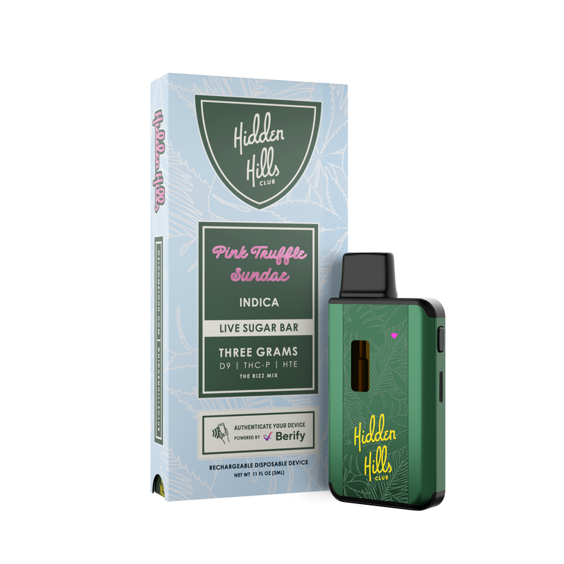 A Hidden Hills Live Sugar Bar high-potency vaping device with its packaging. The box reads "Pink Truffle Sundae, Indica, Live Sugar Bar, Three Grams D9 | THC-P | HTE," and mentions it is a rechargeable disposable device.