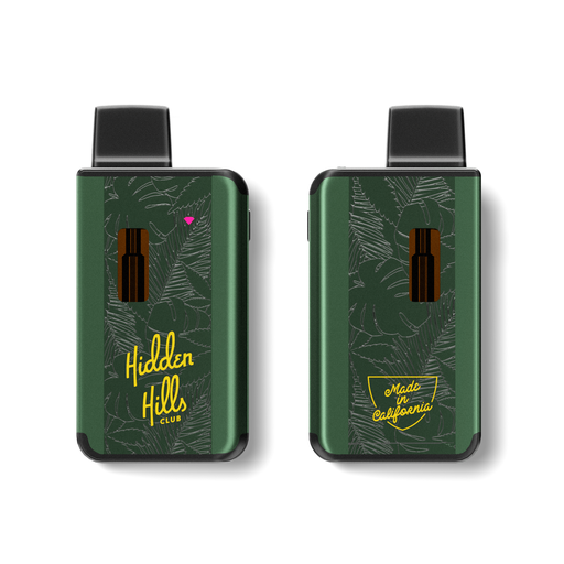 Two green electronic devices with black mouthpieces and botanical designs. One device is a Hidden Hills Live Sugar Bar, branded "Hidden Hills Club," while the other bears "Made in California." Experience high-potency vaping with these stylish THCp-compatible gadgets.