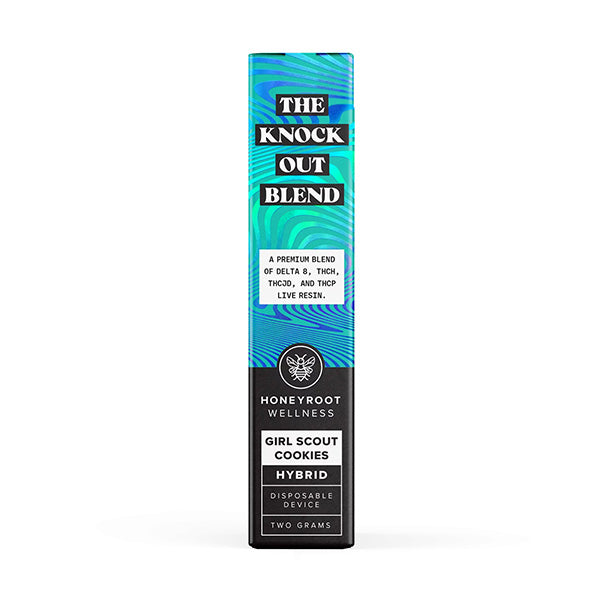 A box labeled "Honeyroot Knockout Blend Disposable | 2g" from Honeyroot Wellness features a hybrid disposable device containing two grams of premium live resin blend. The strain, identified as "Girl Scout Cookies," boasts the inclusion of Delta-8 and THC-H for an enhanced experience.