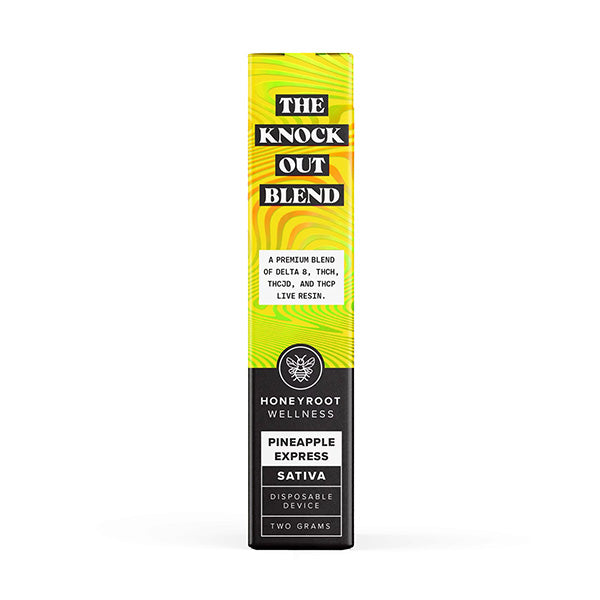 A rectangular box labeled "Honeyroot Knockout Blend Disposable | 2g" containing a premium mix of Delta-8, THC-H, and THCP live resin. The product is a disposable device from Honeyroot Wellness with the flavor "Pineapple Express," sativa, two grams.