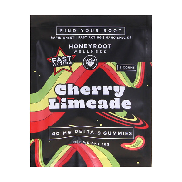 A package of Honeyroot Delta 9 Gummies 40mg | 2ct from the brand Honeyroot, containing 40 mg of hemp-derived Delta-9 THC per serving, features bold graphics and text highlighting "Rapid Onset" and "Fast Acting.