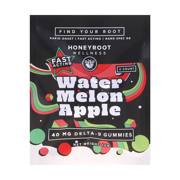 The black packaging features the text "Honeyroot Wellness Watermelon Apple" and is labeled as 40mg Honeyroot Delta 9 Gummies (2ct). It is decorated with colorful geometric shapes and includes phrases like "Find Your Root," "Fast Acting," and "Rapid Onset." The product is hemp-derived with THC content, and the net weight is 16g.