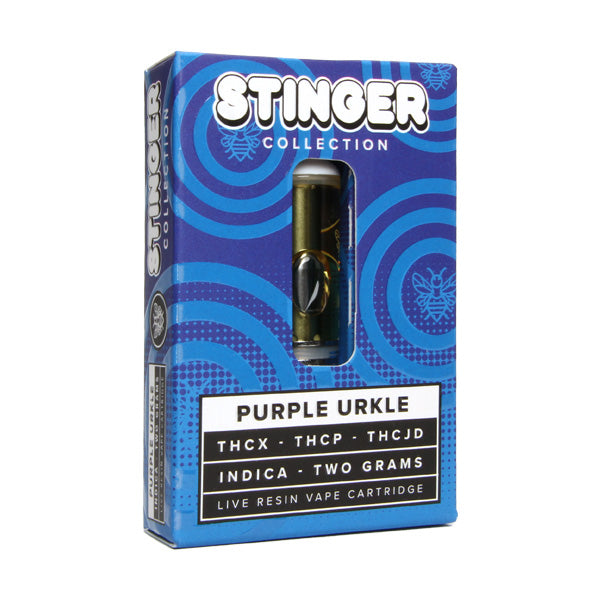 A boxed Honeyroot Stinger Collection vape cartridge by HoneyRoot, labeled "Purple Urkle," containing 2 grams of indica live resin with THCX, THCP, THCJD, and Delta 8 THC.