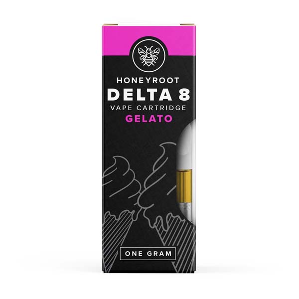 Image of the Honeyroot Delta 8 Cartridge | 1g packaging. The design features a black and pink color scheme with white text and graphics of ice cream cones.