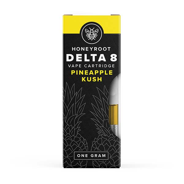 A Honeyroot Delta 8 Cartridge | 1g box labeled "Pineapple Kush" from HoneyRoot Wellness, featuring black and yellow design with images of pineapples and a visible cartridge on the right.