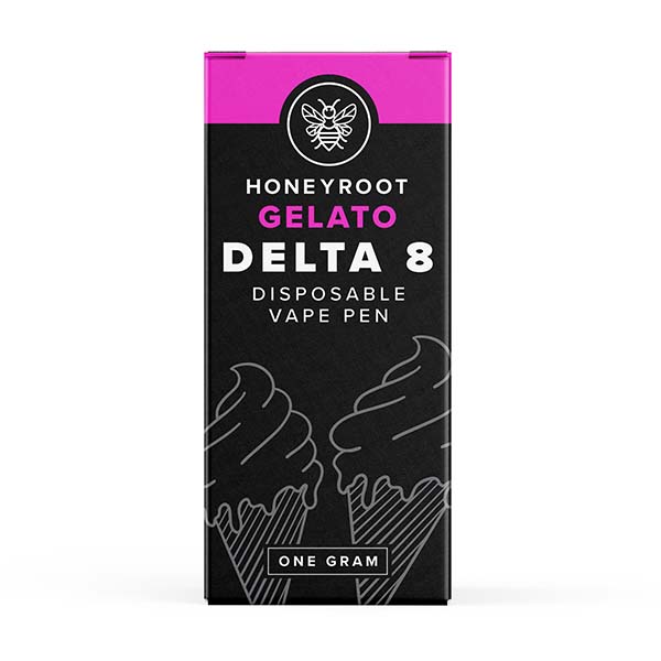 The Honeyroot Delta 8 Disposable, featuring black and pink packaging, is labeled Delta 8 Gelato and contains one gram of Delta 8 THC for ultimate relaxation.