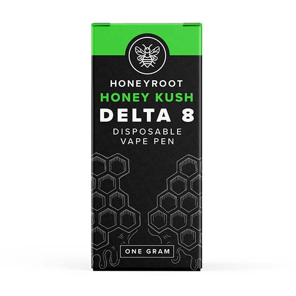 A green and black package of Honeyroot Delta 8 Disposable, featuring one gram of Honey Kush strain, adorned with honeycomb and bee graphics.