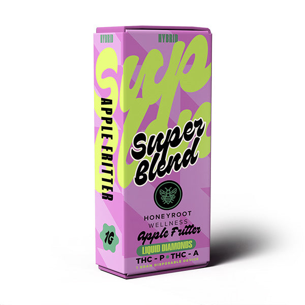 A pink rectangular box labeled "Honeyroot Super Blend Disposable | 1g" by Honeyroot. The box with green and black text contains a 1g hybrid, disposable device featuring THC, THC-P, and Liquid Diamonds.