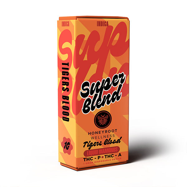 A box of Honeyroot Super Blend Disposable, in the "Tiger's Blood" flavor, featuring a blend of THC-P and THC-A with indica properties. The packaging is orange with red and black text.