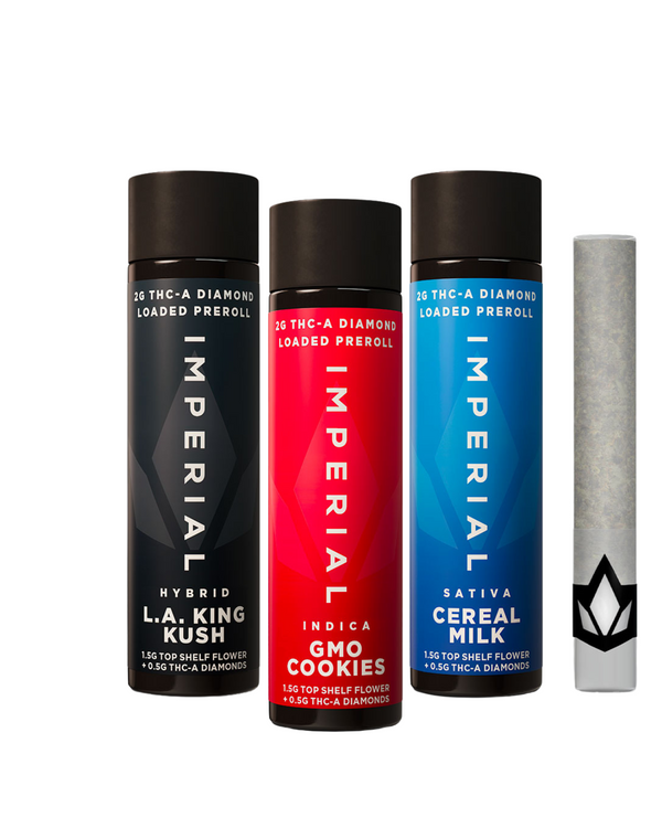 Three Imperial THCA Pre-Rolls | 2g (L.A. King Kush, GMO Cookies, Cereal Milk) in black, red, and blue containers alongside a single joint wrapped in white paper.