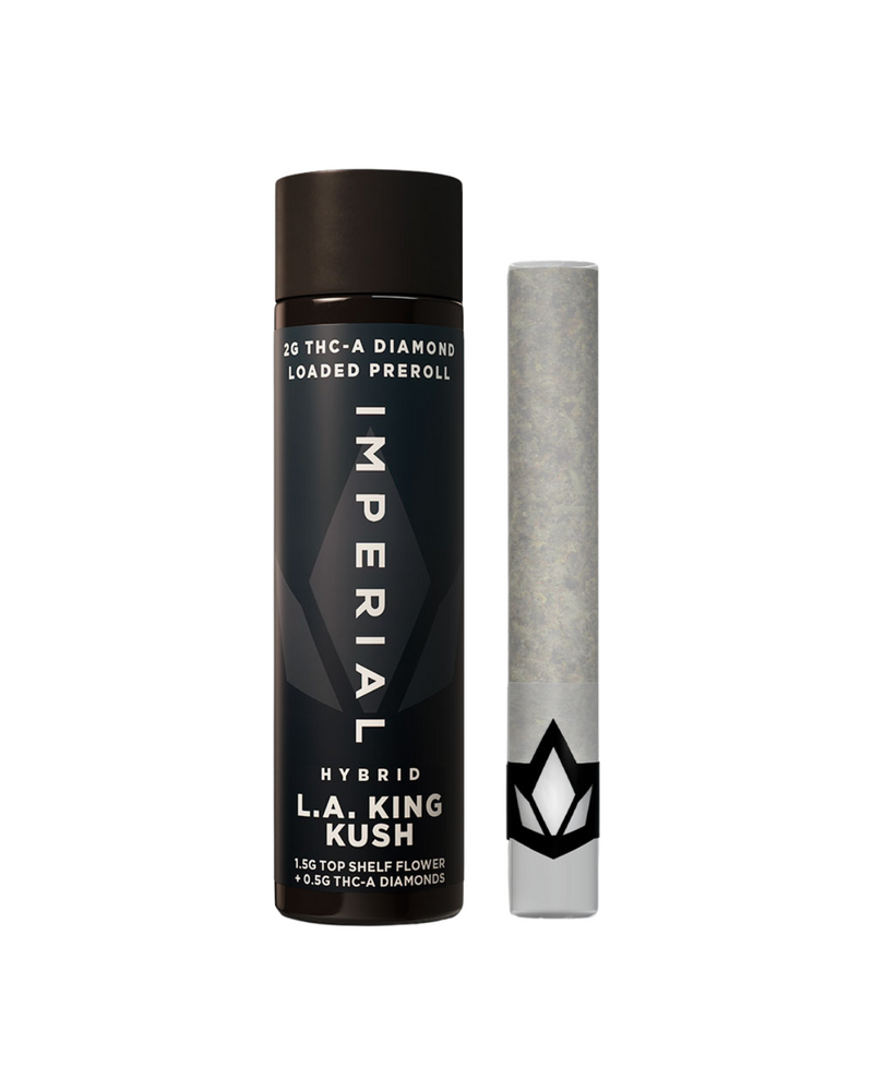 A cylindrical, black container labeled "Imperial THCA Pre-Rolls | 2g" sits beside a pre-rolled joint. The container highlights 2G Imperial THC-A Diamond Infused Prerolls and boasts a blend of 1.5G top-shelf flower with 0.5G THCA Diamonds.