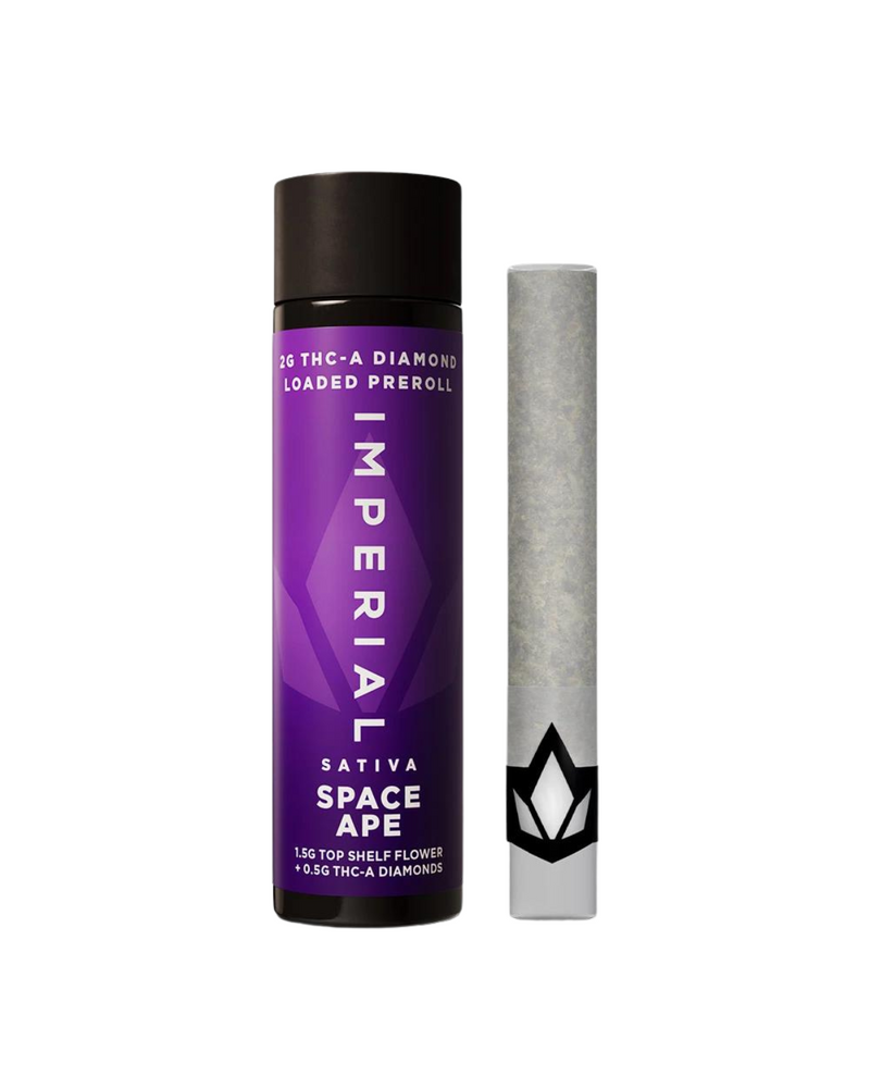 A black and purple cylindrical container labeled "Imperial THCA Pre-Rolls | 2g" stands next to a single Imperial THCA Pre-Roll with a black and white design on the filter end.