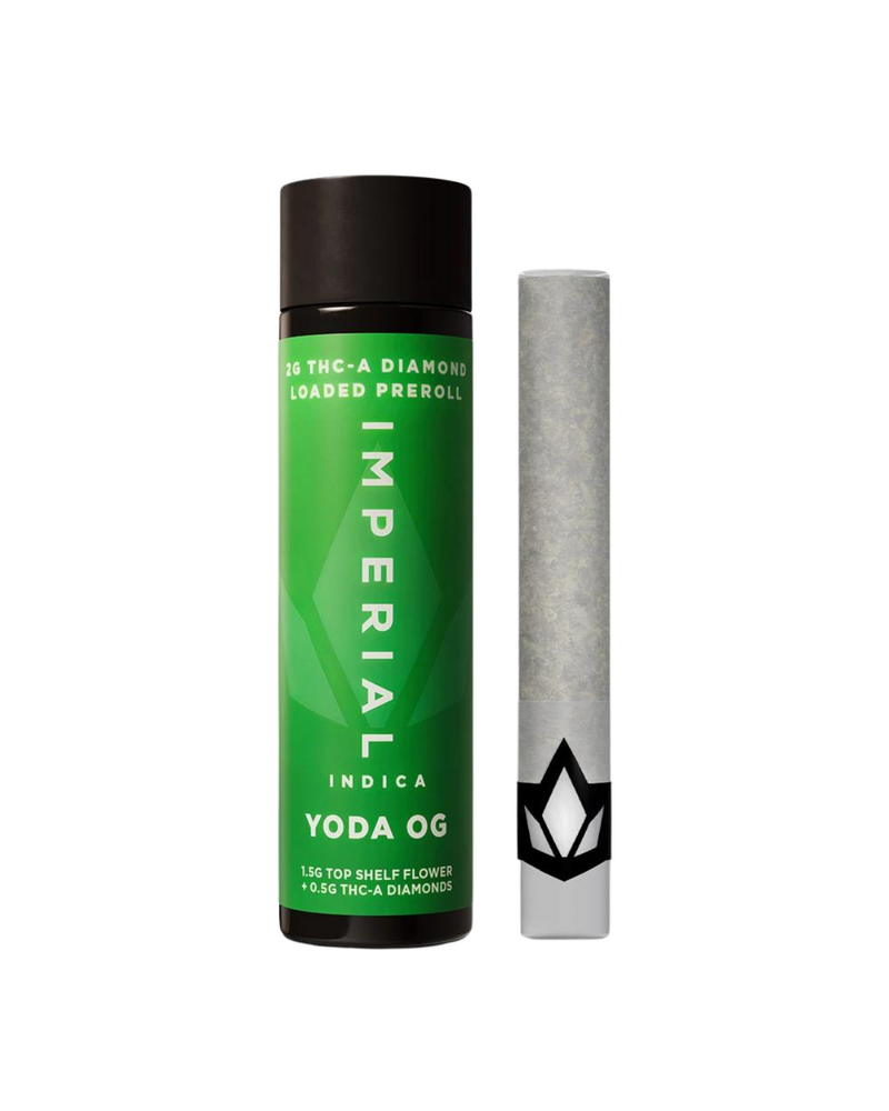 A green and black container labeled "Imperial Indica Yoda OG" stands next to an Imperial THCA Pre-Rolls | 2g, adorned with a floral-shaped logo at the base.