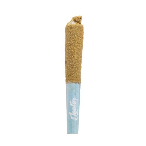 A cannabis joint covered in kief with "Urb" branded on the blue filter, this Jeeter Pre-Rolls THCA | 6ct product offers an enhanced experience.