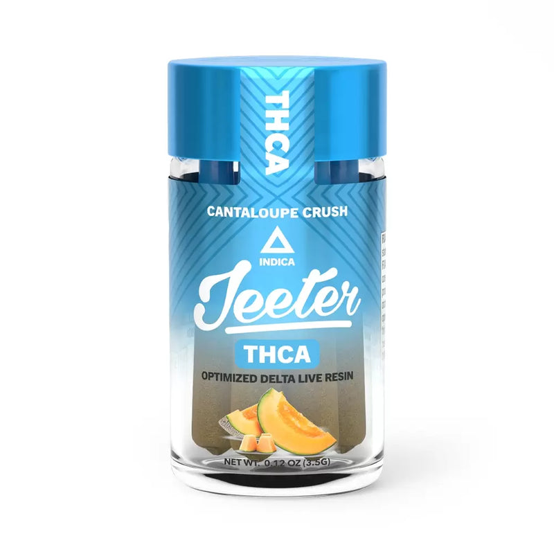 A small glass container labeled "Jeeter Pre-Rolls THCA | 6ct Urb" with a blue cap, featuring cantaloupe images and text indicating "Cantaloupe Crush Indica" and "Optimized Delta Live Resin". Perfect for those seeking premium Urb Jeeter Pre-Rolls THCA.