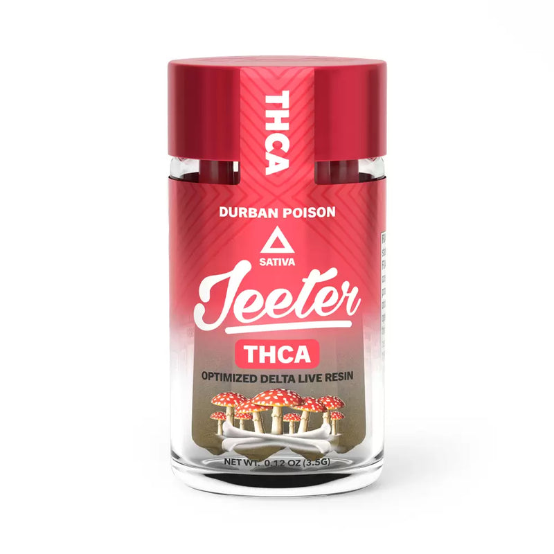 A clear container with a red cap labeled "Urb THCA" and "Durban Poison Sativa," featuring a graphic of mushrooms and text "Optimized Delta Live Resin." This vibrant packaging echoes the quality found in Urb Jeeter Pre-Rolls THCA | 6ct, delivering an elevated experience for connoisseurs.