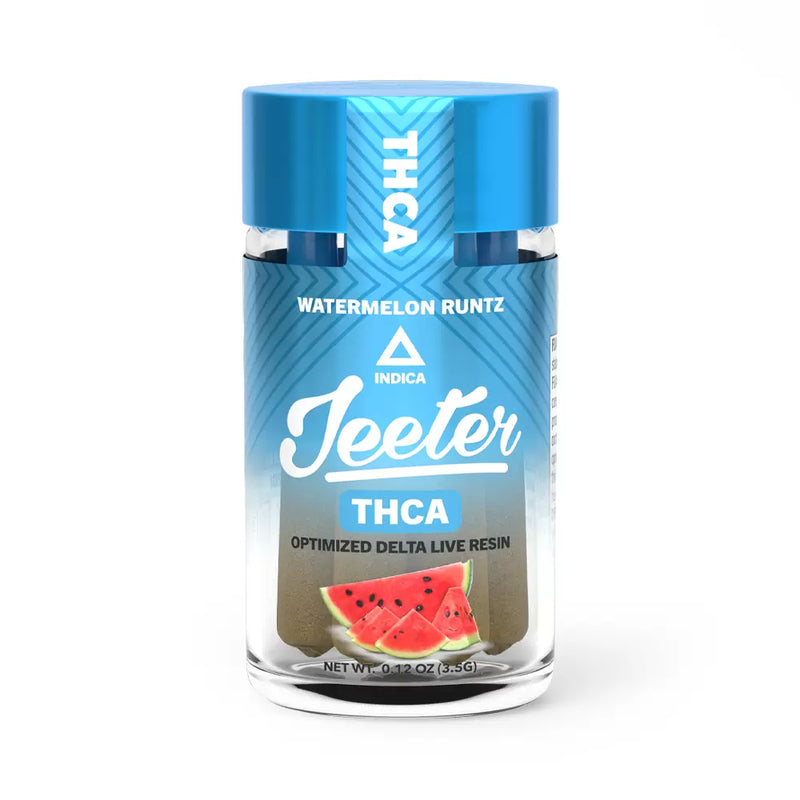 A bottle of Jeeter THCA live resin, watermelon runts flavor, with a blue cap and label displaying watermelon slices on the bottom. Contains 0.12 oz (3.5 g). Pair it perfectly with Urb Jeeter Pre-Rolls THCA | 6ct for an enhanced experience.