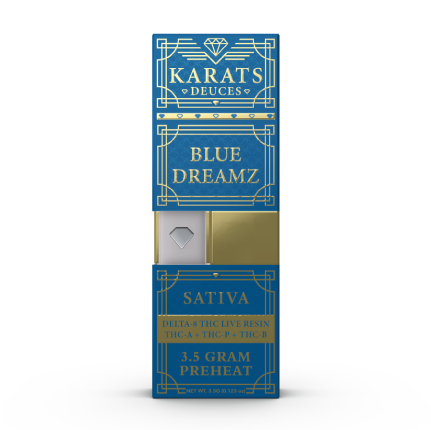 Box of Carats Karats Deuces Blend Pre-Heat Disposable | 3.5g Sativa Delta 8 THC live resin preheat disposable vapes, containing 3.5 grams with live resin terpenes. The packaging is blue and gold with decorative designs.