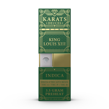 Green and gold packaging of "Karats Deuces Blend Pre-Heat Disposable | 3.5g" vape cartridge labeled "KING LOUIS XIII," containing 3.5 grams of Indica with various THC compounds and live resin terpenes by Carats.