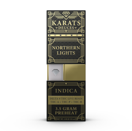 A package of Carats Karats Deuces Blend Pre-Heat Disposable | 3.5g Northern Lights indica, featuring Delta 8 THC live resin terpenes, THC-A, THC-P, and THC-B. The package contains 3.5 grams and has an ornate gold and black design.