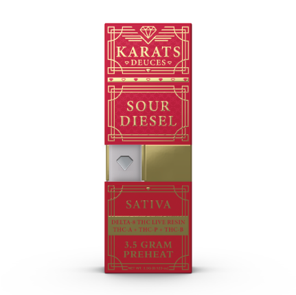 Image of Carats Karats Deuces Blend Pre-Heat Disposable | 3.5g packaging for Sativa strain, containing Delta 8 THC, THC Live Resin, and infused with live resin terpenes.