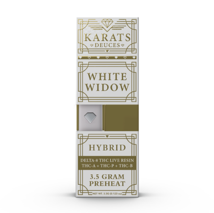 Packaging for Carats Karats Deuces Blend Pre-Heat Disposable | 3.5g White Widow Hybrid vape cartridge with Delta-8 THC live resin terpenes. Contains 3.5 grams, featuring THC-A, THC-P, and THC-B.