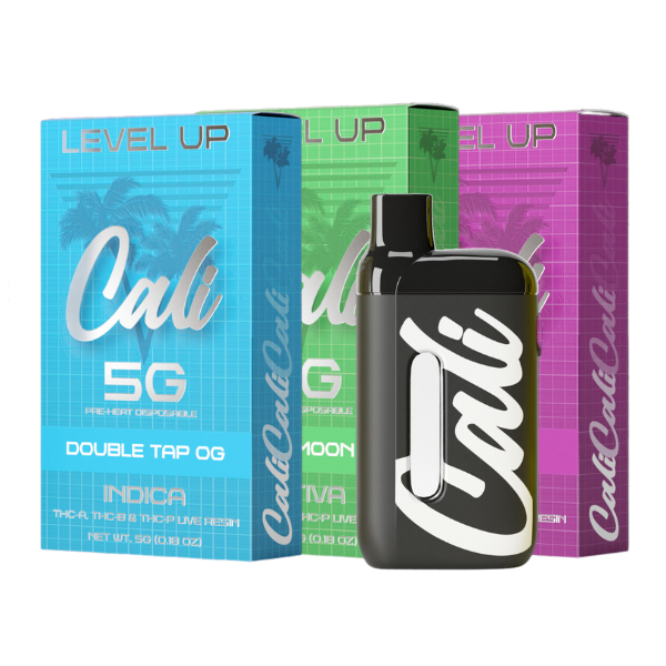 Three Cali Extrax vaping product boxes in blue, green, and purple with a black and white vape pen in front. The boxes, showcasing live resin terpenes and THC-A details, display various product names and descriptions such as the Cali Extrax Level Up Blend Disposable | 5g.