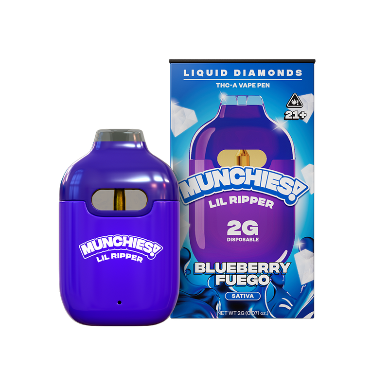 The Munchies Lil Ripper THCA Disposable Vape by Delta Munchies, with a 2g capacity and in the Blueberry Fuego Sativa flavor, is shown beside its vibrant blue packaging, which features an image of the vape pen.