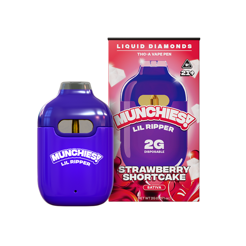 A purple disposable vape pen labeled "Delta Munchies: Munchies Lil Ripper THCA Disposable Vape | 2g" is placed next to its box, featuring a strawberry shortcake design and a 21+ age warning.