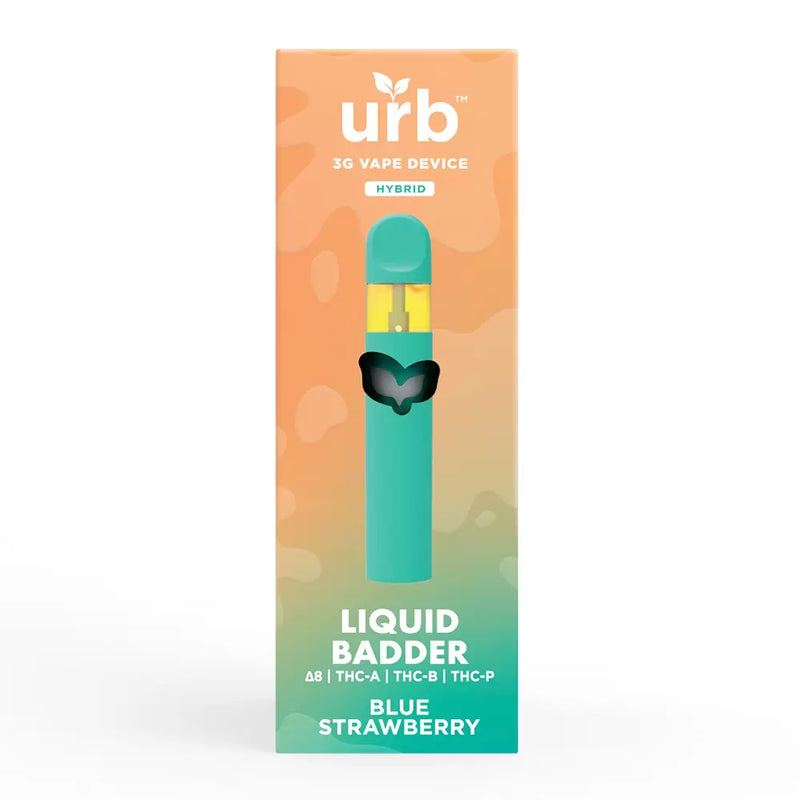 Packaging for the Urb Liquid Badder Disposable | 3g in Blue Strawberry flavor. The box showcases a green vape pen and text highlighting the hybrid strain and THC variants: Delta-8 THC, THC-A, THC-B, and THC-P.