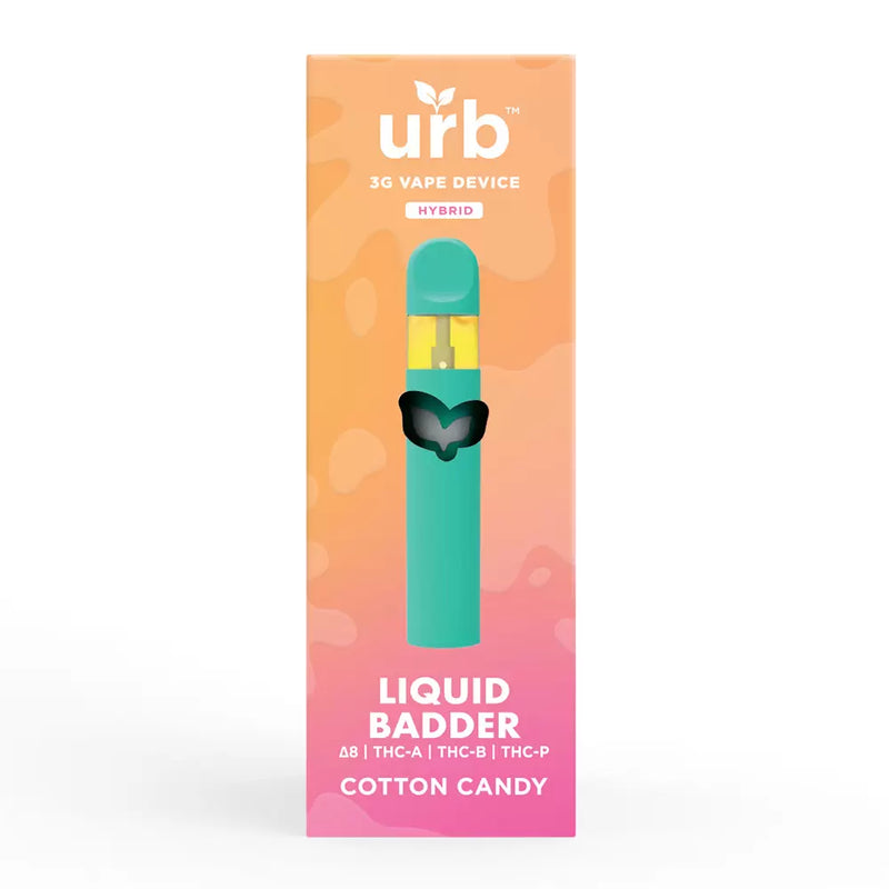 Image of an Urb Liquid Badder Disposable | 3g vape device box in a gradient color design, indicating the flavor "Cotton Candy" and featuring descriptions of various cannabinoids such as Δ8, THC-A, THC-B, and THC-P. This disposable vape includes Urb Liquid Badder for an exceptional vaping experience.