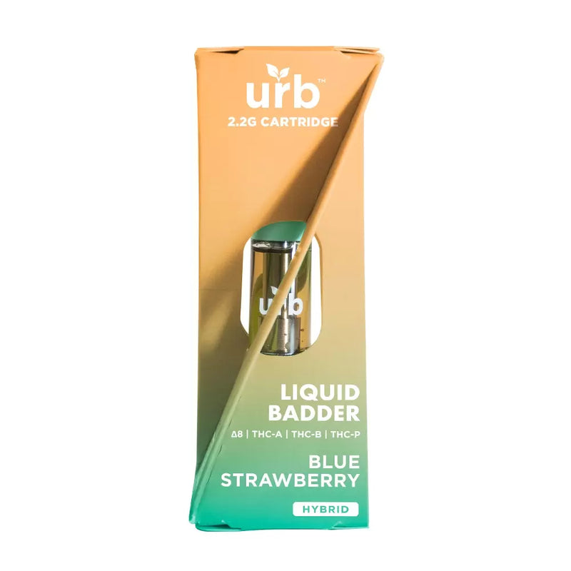 Image of an Urb Liquid Badder Cartridge 2.2g package labeled "Liquid Badder," featuring "Blue Strawberry" hybrid flavor. The package notes the inclusion of Delta-8 THC-A, THC-B, and THC-P, crafted with Live Resin for a premium experience.