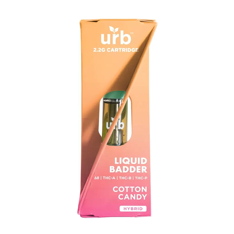 A box with labeling "Urb Liquid Badder Cartridge 2.2g," "Delta-8 THC Live Resin," and "Cotton Candy Hybrid." The packaging shows a cartridge partially visible through a cutout.