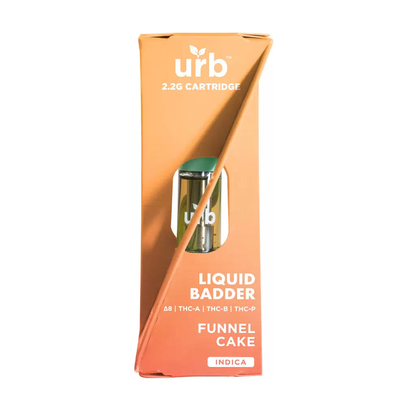 Image of a rectangular packaging box for an Urb Liquid Badder Cartridge 2.2g by Urb. The front shows "2.2G Cartridge," "Delta-8 THC," "Funnel Cake," and "Indica" with the visible cartridge inside the packaging.