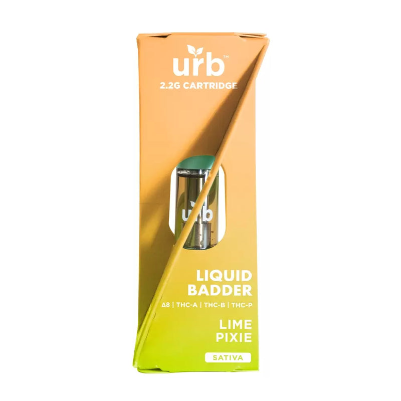 A cylindrical vape cartridge container labeled "Urb Liquid Badder Cartridge 2.2g," with "Urb Liquid Badder" and "Lime Pixie" on the front, featuring an orange-to-green gradient background, and boasting Delta-8 THC for an elevated experience.