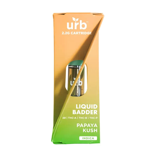 A Urb Liquid Badder Cartridge 2.2g in Papaya Kush flavor. Packaging indicates it's an Indica blend containing Delta 8, THC-A, THC-B, and THC-P. This premium product features Live Resin for an enhanced experience.