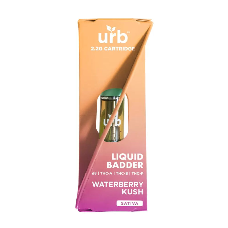 A boxed Urb Liquid Badder Cartridge 2.2g of Urb in Waterberry Kush flavor. The package features a gradient from orange to pink and lists various THC variants, including Delta-8 THC, with a Sativa designation.