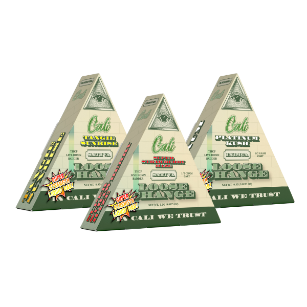 Three pyramid-shaped packages labeled "Cali Extrax" contain Cali Extrax Loose Change Cartridges | 0.5g in different flavors: Jungle Juice, Loose Goose, and Pineapple Kush. Each 0.5-gram package offers a unique experience, perfect for enthusiasts of Delta 8 seeking flavorful relaxation.