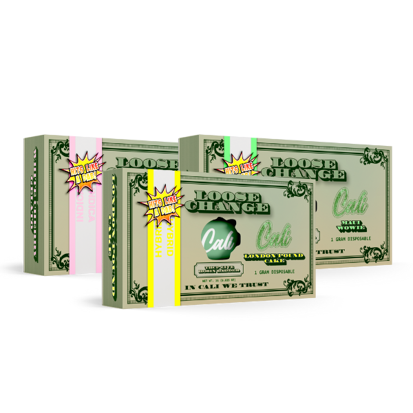 Three green-cash-designed boxes labeled "Cali Extrax Loose Change Disposables | 1g." The front box shows "London Pound Cake" with a "Cali Extrax" sticker. Notes of "World Famous" and "In Cali We Trust" are visible, hinting at premium Delta 8 disposables.