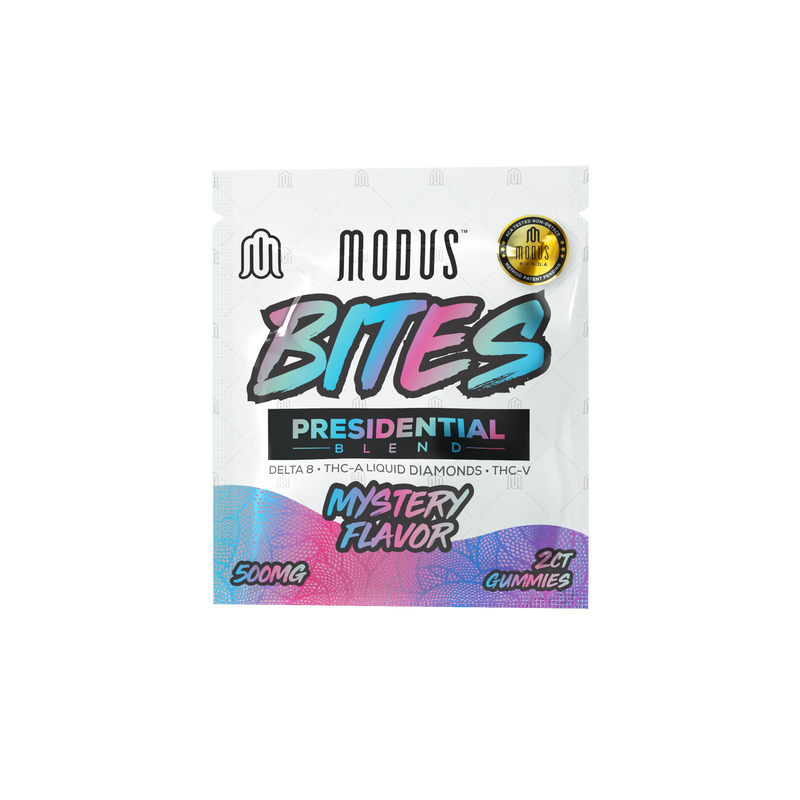 A white package labeled "Modus Presidential Blend Gummies | 2ct" features text highlighting "Delta 8, THC-A Liquid Diamonds, THC-V," and "Mystery Flavor." The package contains 500mg, 21 rapid action gummies. These Modus Presidential Blend Gummies boast a potent THC content for an elevated experience.