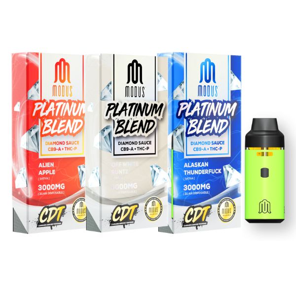 Three packs of Modus Platinum Blend Disposable | 3g in Alien Apple, Diamond Sauce, and Alaskan Thunderf* flavors, accompanied by a green vaping device. Each pack from the Modus Collection contains 3000MG of CBN + THC-P.