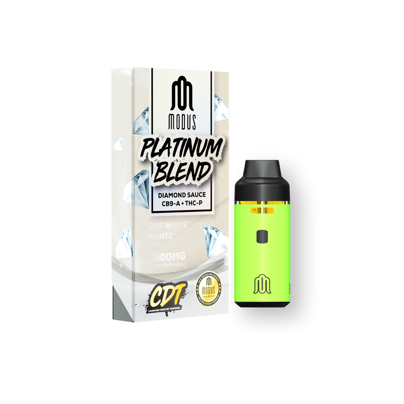 Image of Modus's Modus Platinum Blend Disposable | 3g with diamond sauce, containing CB9-A and THC-P, displayed alongside its packaging. The neon green vape device features sleek black accents.