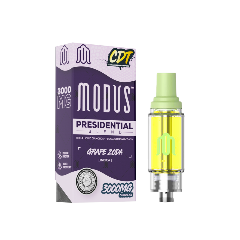 A rectangular box beside a Modus Presidential Blend Cartridge | 3g. The box reads "Modus Presidential Blend Grape Zoda Indica 3000mg" with various logos and text. The cartridge, compatible with 510 vape batteries, contains yellow THC distillate and features a green mouthpiece.